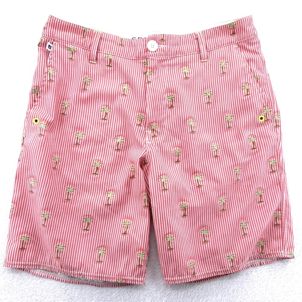 Sperry Top-Sider Mens Shorts 32 Red Seersucker Palm Tree Hybrid Board Shorts 8"